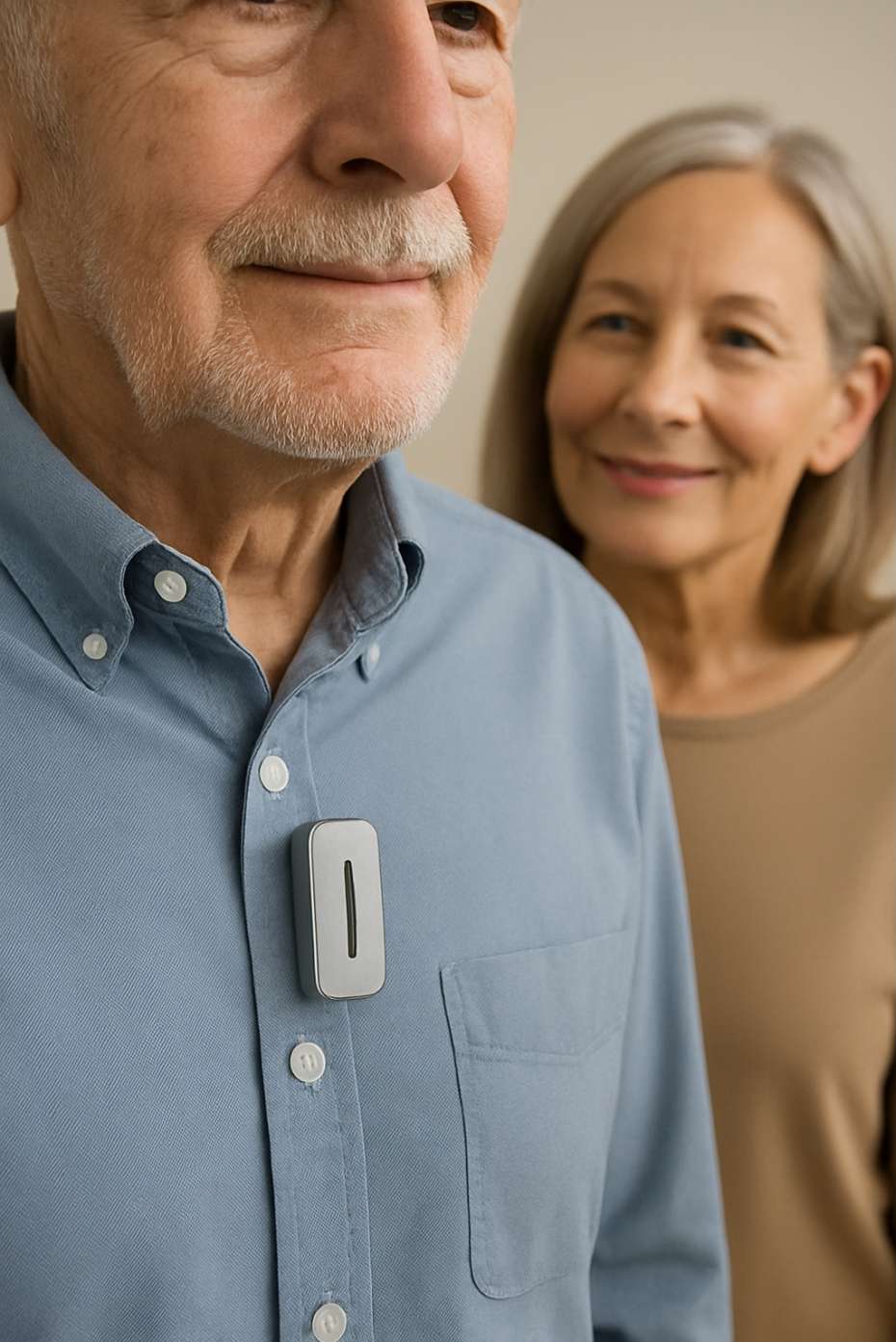Mann mit externem Mikrofon und Frau mit Hörgerät im Hintergrund.